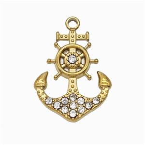 Stainless Steel Anchor Ship Wheel Pendant Pave Rhinestone Gold Plated, approx 15-18mm