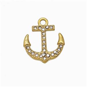 Stainless Steel Anchor Pendant Pave Rhinestone Gold Plated, approx 15-16mm