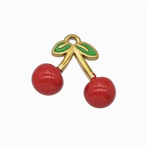 Stainless Steel Cherry Pendant Red Enamel Gold Plated, approx 14-16.5mm
