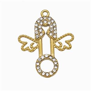 Stainless Steel Safety Pin Pendant Pave Rhinestone Angel Wings Gold Plated, approx 18-19.5mm