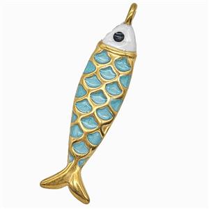 Stainless Steel Fish Pendant Teal Painted Gold Plated, approx 12-42mm