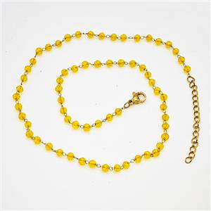 Stainless Steel Necklace with Glass bead, Gold plated, approx 3.5mm, 38-43cm length