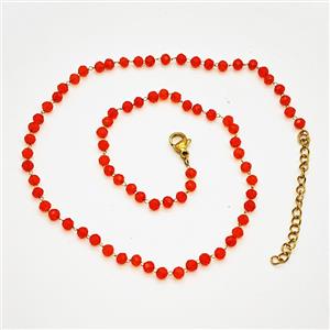 Stainless Steel Necklace with Glass bead, Gold plated, approx 3.5mm, 38-43cm length