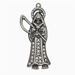 Gothic Grim Reaper Death Charms Stainless Steel Pendant Pave Rhinestone Antique Silver, approx 20-48mm