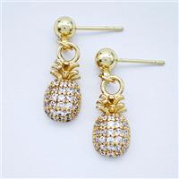 Copper Pineapple Stud Earrings Pave Zirconia Gold Plated, approx 8-13mm, 5mm