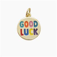 Copper GOODLUCK Pendant Multicolor Enamel Gold Plated, approx 13.5mm