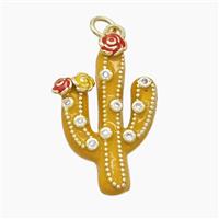 Copper Cactus Pendant Pave Zirconia Yellow Enamel Gold Plated, approx 18-28mm
