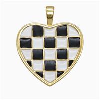 Copper Heart Pendant Pink Black Enamel Checkerboard Grid Gold Plated, approx 21mm