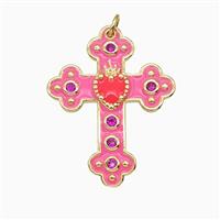 Copper Cross Pendant Pave Zirconia Pink Enamel Gold Plated, approx 25-32mm
