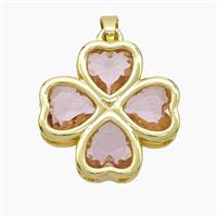 Copper Clover Pendant Pave Pink Crystal Glass Heart Gold Plated, approx 21mm