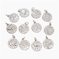 Copper Zodiac Pendant Pave Zirconia Hammered Platinum Plated Mixed, approx 15mm