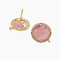 Copper Circle Stud Earrings Pave Zirconia Pink Jadeite Glass Gold Plated, approx 15mm