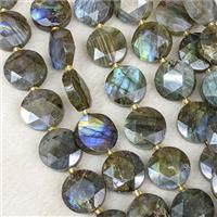Natural Labradorite Coin Beads Faceted Circle, approx 15mm