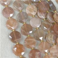 Natural Sunstone Coin Beads Faceted Peach, approx 15mm