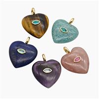 Natural Gemstone Heart Pendant Pave Zirconia Eye Mixed, approx 25mm