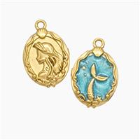 Stainless Steel Mermaid Pendant Green Enamel Gold Plated, approx 12-16mm