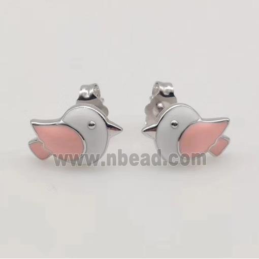 sterling silver birds Earring studs, pink enamel
