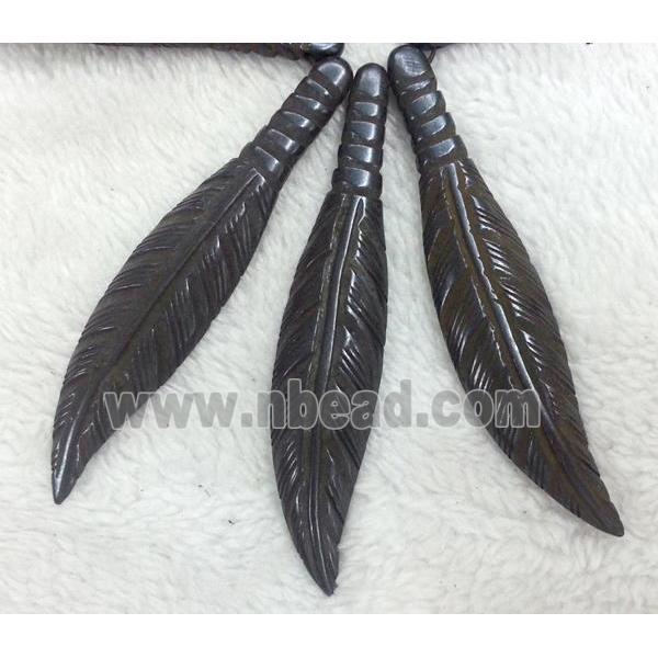 antique cattle bone feather pendant, black