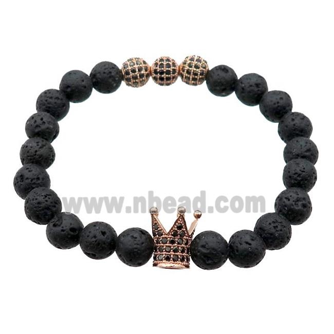 black Lava Stone Bracelets with crown, stretchy