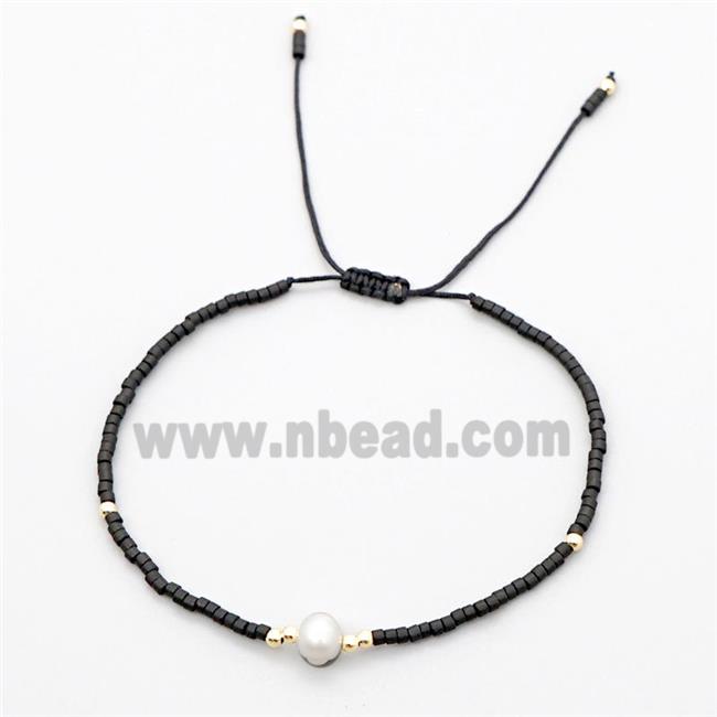 Handmade Miyuki Glass Bracelet With Pearl Adjustable Black