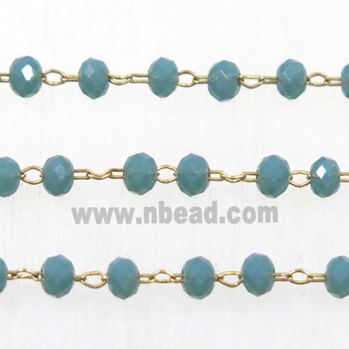 brass chain with peacock green Chinese Crystal Glass rondelle beads