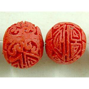 Round Cinnabar (imitation) beads, Carved Flower, vermeil