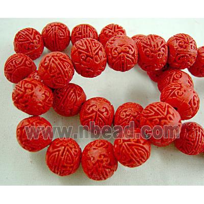 Round Cinnabar (imitation) beads, Carved Flower, vermeil