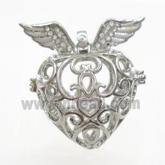 copper locket pendant, angel wing, platinum plated
