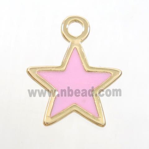 copper star pendant, pink enamel, gold plated