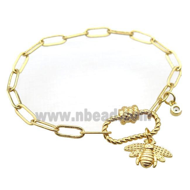 copper bracelet with carabiner lock, honeybee, gold plated