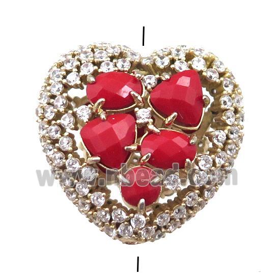 copper heart beads paved zircon with red crystal glass, hollow, gold plated