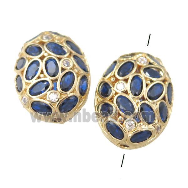 copper oval beads paved blue zircon, gold plated