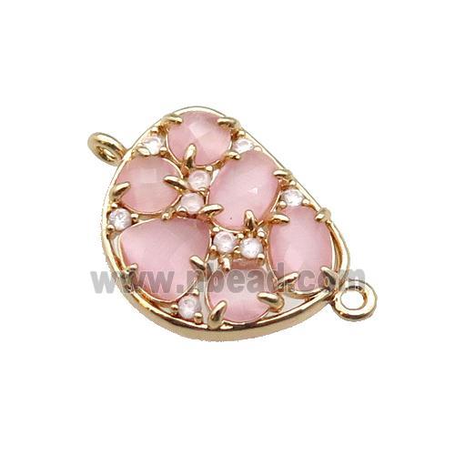copper teardrop connector pave pink Cat Eye Crystal, gold plated