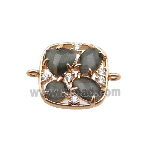 copper square connector pave gray Cat Eye Crystal, gold plated