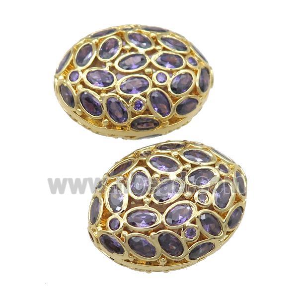 copper oval beads pave purple zircon, gold plated
