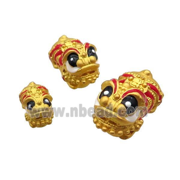 Alloy TigerHead Beads Red Enamel Gold Plated