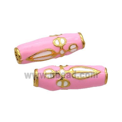 Alloy Rice Beads Pink Enamel Large Hole Gold Plated