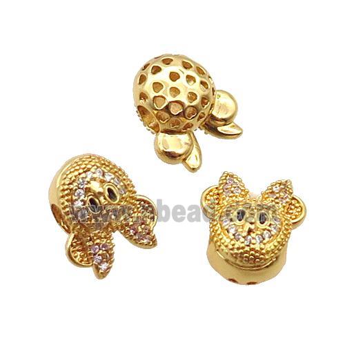 Copper Mouse Beads Pave Zircon Large Hole Gold Plated