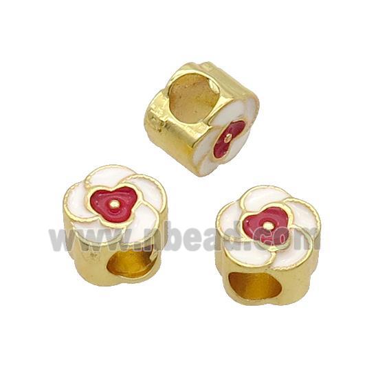 Copper Flower Beads White Enamel Large Hole Gold Plated