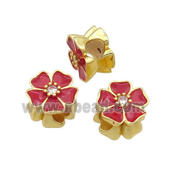 Copper Flower Beads Red Enamel Large Hole Gold Plated