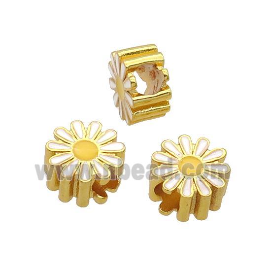 Copper Daisy Flower Beads White Enamel Large Hole Gold Plated