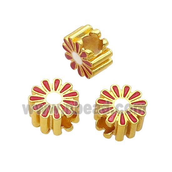 Copper Daisy Flower Beads Red Enamel Large Hole Gold Plated