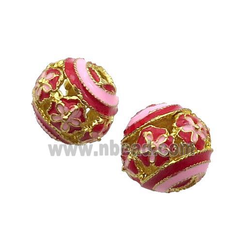 Alloy Round Beads Red Enamel Hollow Gold Plated