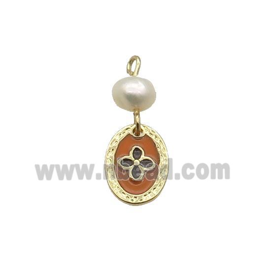 Copper Flower Pendant With Pearl Red Enamel Oval Gold Plated