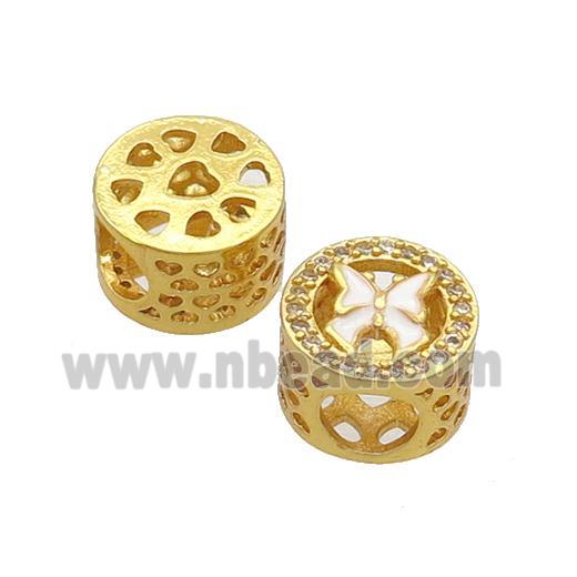 Copper Butter Beads Pave Zircon White Enamel Butterfly Large Hole Gold Plated