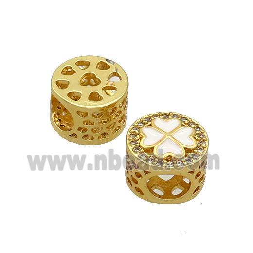 Copper Butter Beads Pave Zircon White Enamel Clover Large Hole Gold Plated
