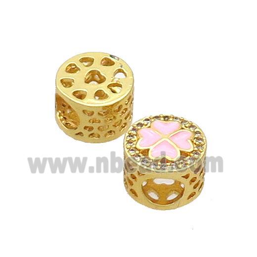 Copper Butter Beads Pave Zircon Pink Enamel Clover Large Hole Gold Plated