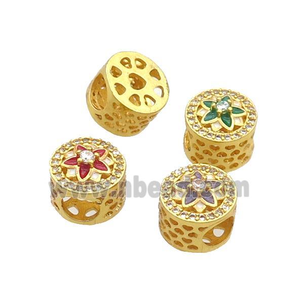 Copper Butter Beads Pave Zircon Mixed Enamel Flower Large Hole Gold Plated