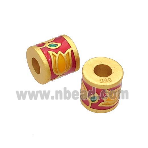 Copper Tube Beads Red Enamel Lotus Large Hole Unfade Gold Plated