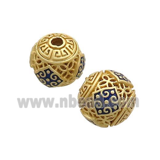 Copper Round Beads Blue Cloisonne Hollow Gold Plated